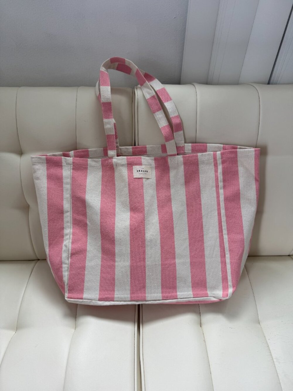 Sézane limited edition large striped beach tote bag light ballerina pink NWOT